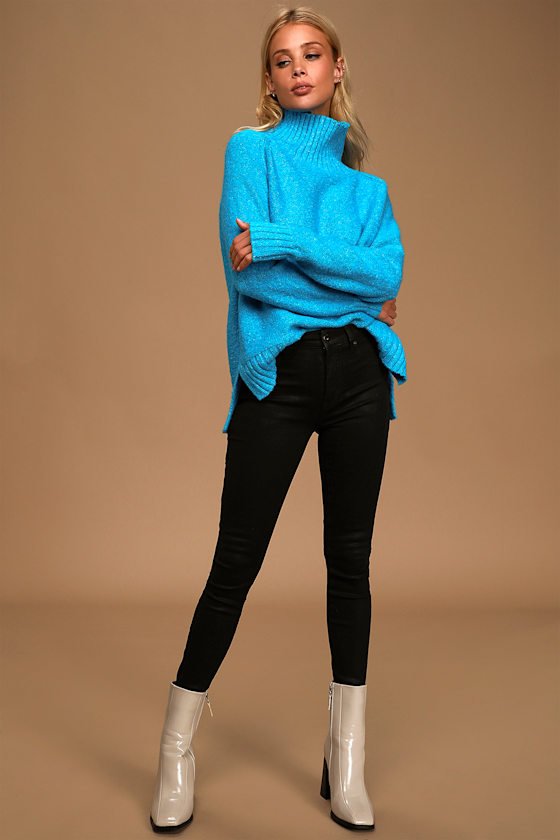 Warmed Up Heather Bright Blue Long Sleeve Turtleneck Sweater 6