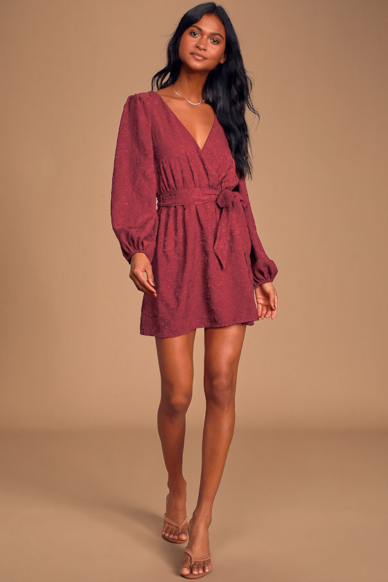 It's Love Burgundy Floral Jacquard Balloon Sleeve Skater Dress 6