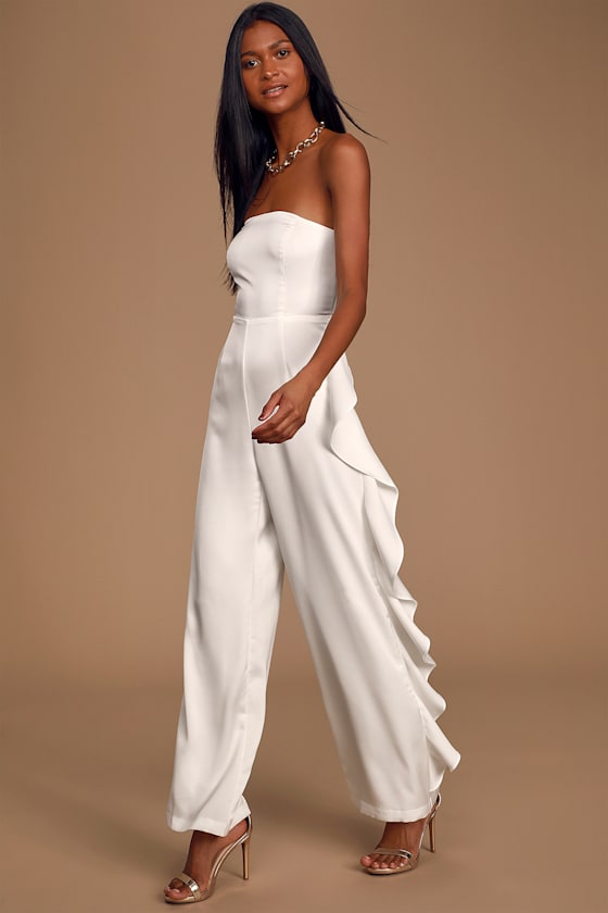 Cascading Love White Strapless Ruffled Wide-Leg Jumpsuit 8