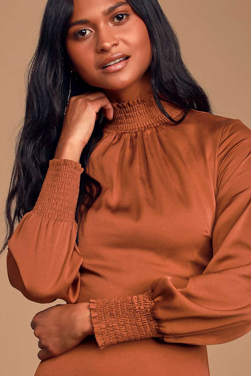 rust textured ruched long sleeve midaxi dress Rust Mesh Ruched Long Sleeve Midi Dress PinkBlush