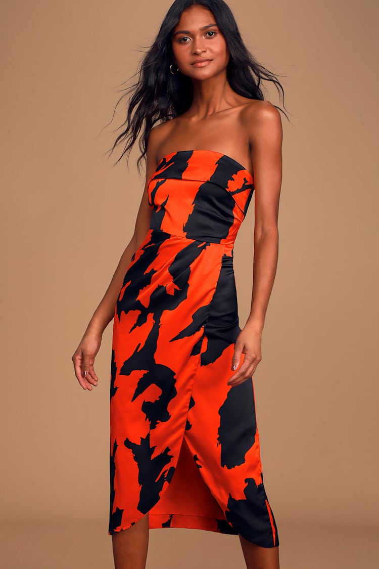 Black and Red Midi Dress - Satin Tulip Dress - Strapless Dress - Lulus