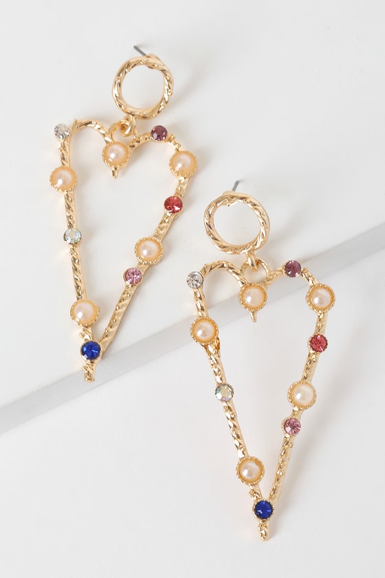 Gold Heart Earrings - Rhinestone Earrings - Pearl Earrings - Lulus