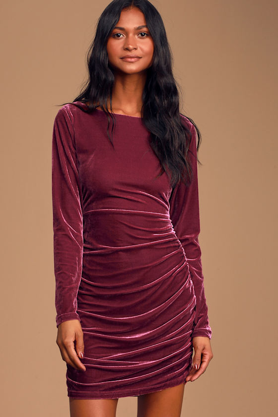 True Heart Mauve Purple Velvet Ruched Long Sleeve Bodycon Dress 9