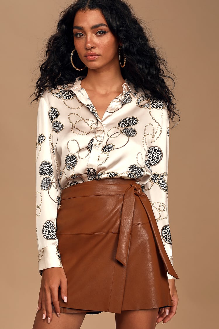Short leather skirt with mini monogram print brown - Women