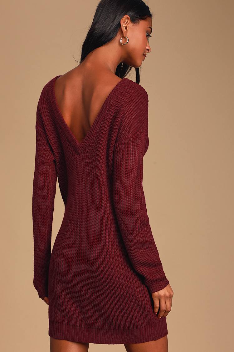 Bringing Sexy Back Wine Red Backless Sweater Dress