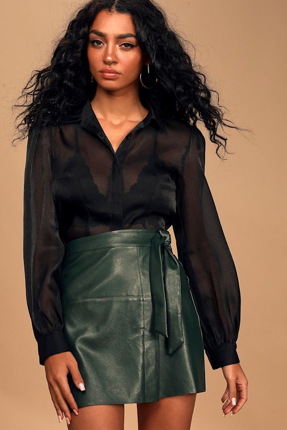 Daydream With Me Forest Green Vegan Leather Mini Wrap Skirt 2