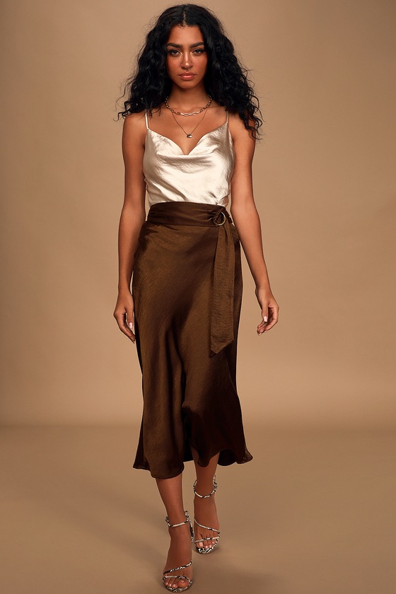 Unforgettable Brown Satin Belted Midi Slip Skirt