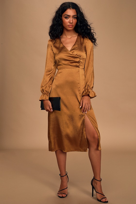 4SI3NNA Brielle - Bronze Satin Dress - Long Sleeve Midi Dress - Lulus