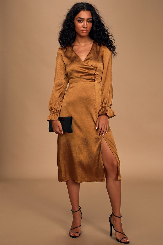 long sleeve midi satin dress