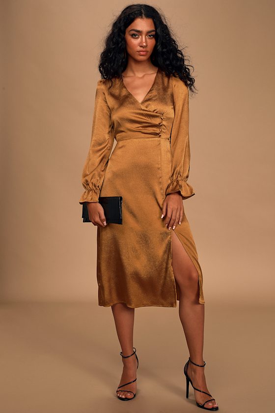 Brielle Bronze Satin Long Sleeve Midi Dress 1