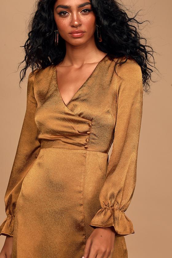 Brielle Bronze Satin Long Sleeve Midi Dress 2