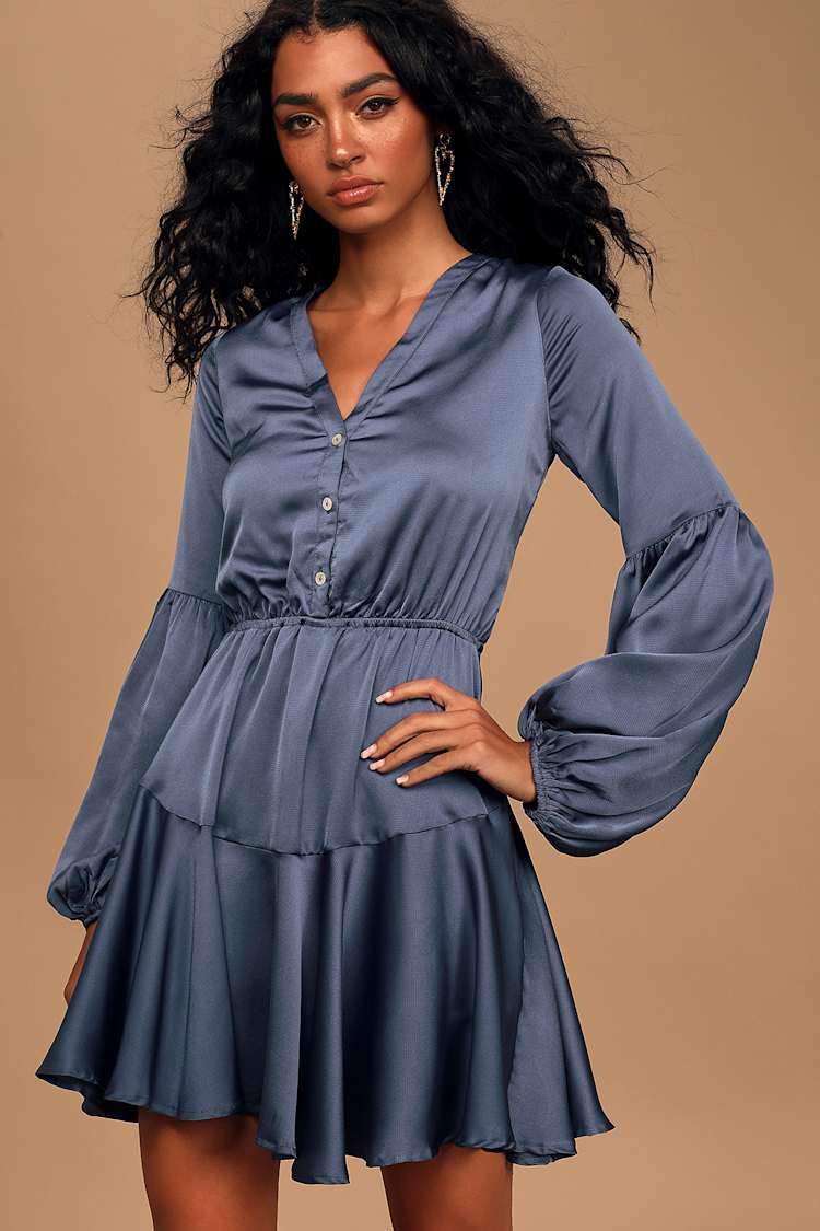 Chic Dusty Blue Dress - Balloon Sleeve Dress - Skater Mini Dress - Lulus