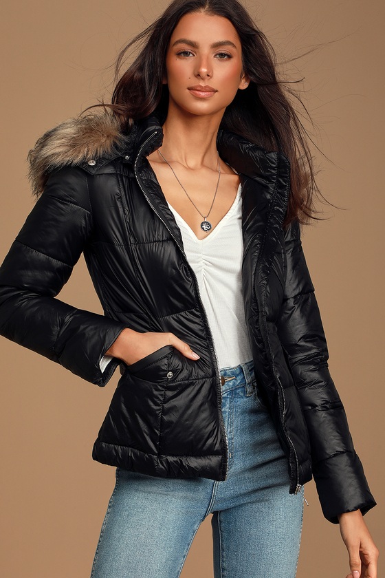 Cute Black Jacket - Faux-Fur Jacket - Quilted Puffer Jacket - Lulus