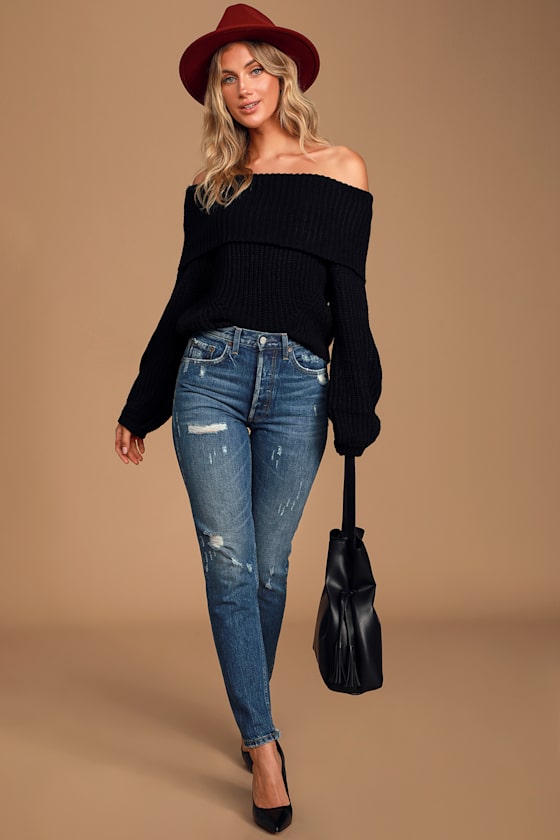 Lulus | Carmichael Black Off-The-Shoulder Knit Sweater | Size X-Small