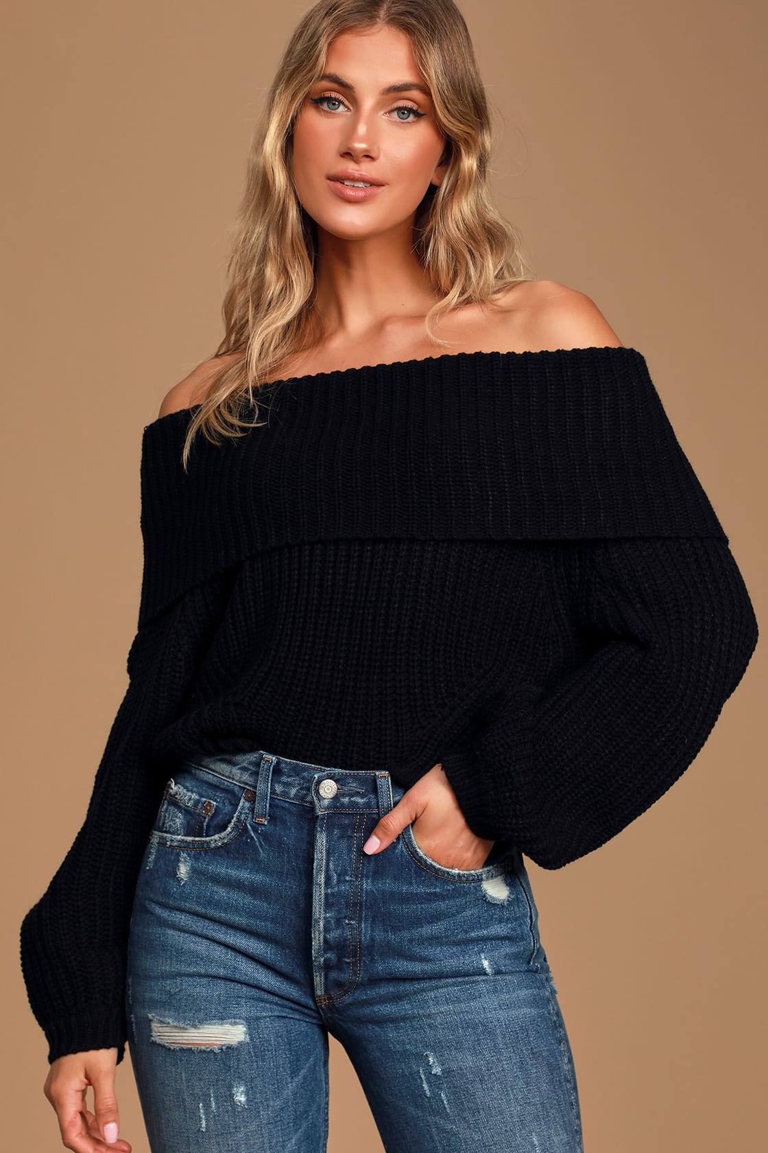 Lulus Carmichael Black Off-the-Shoulder Knit Sweater