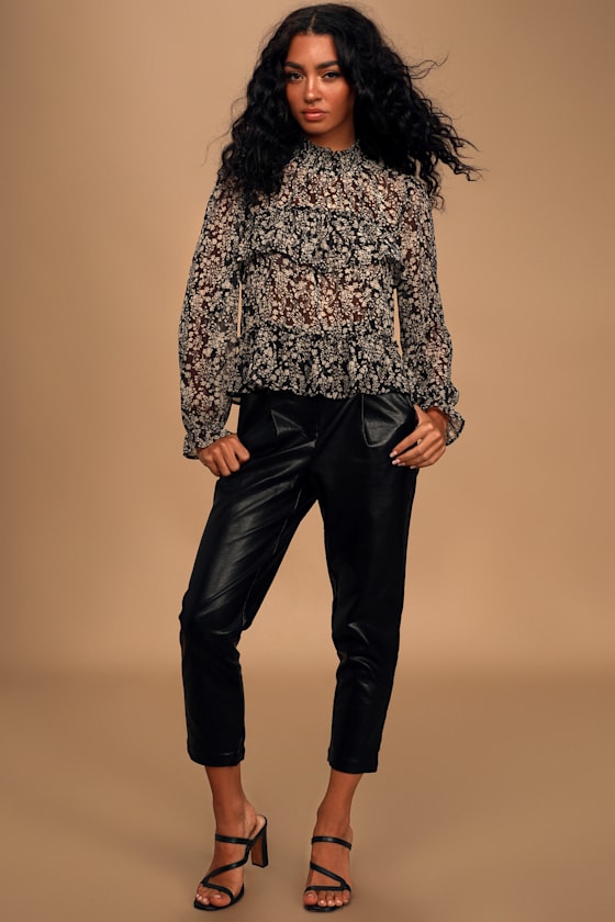 Simple Serenity Black Floral Print Ruffled Long Sleeve Top 3