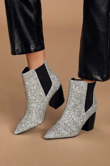 Cecy Chunky Silver Glitter Pointed Toe Ankle Booties