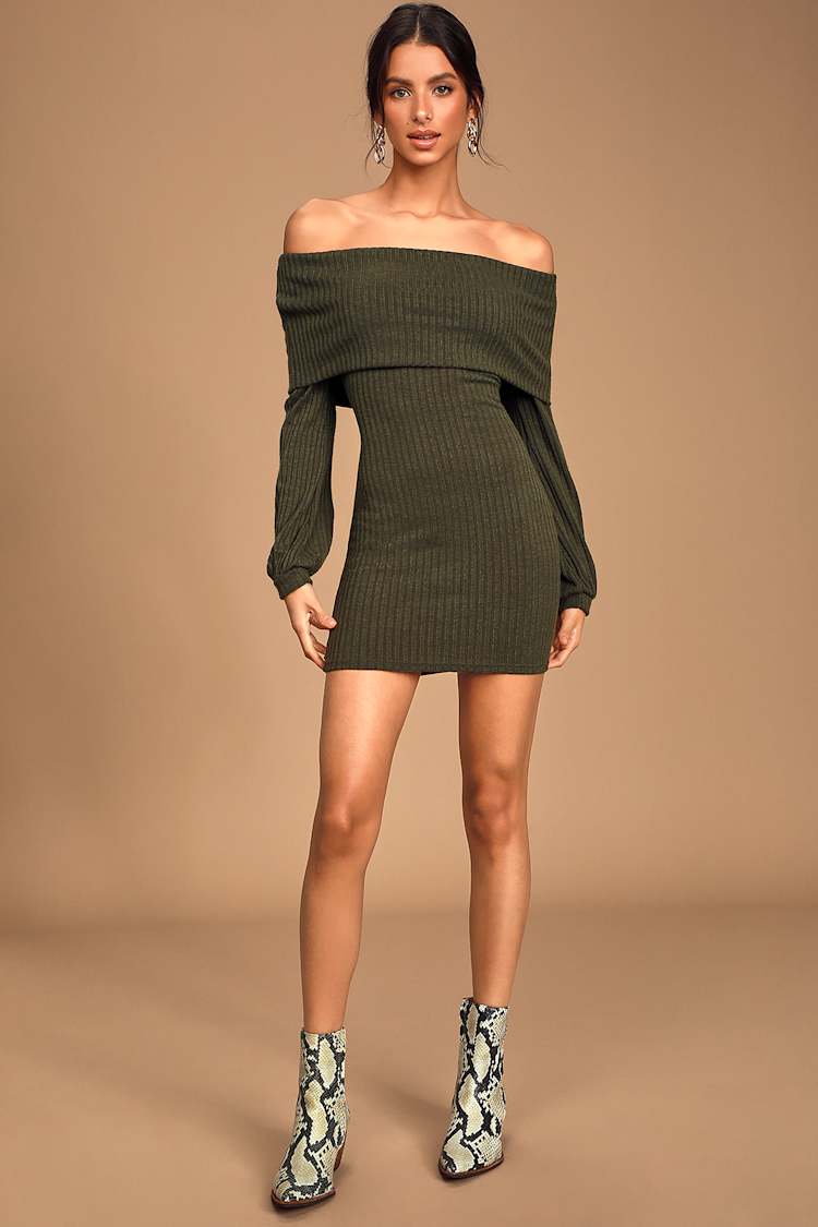 green off the shoulder sweater dress Off-Shoulder Ribbed Knit Mini Dress | Long Sleeve Bodycon Sweater Dress main image 1