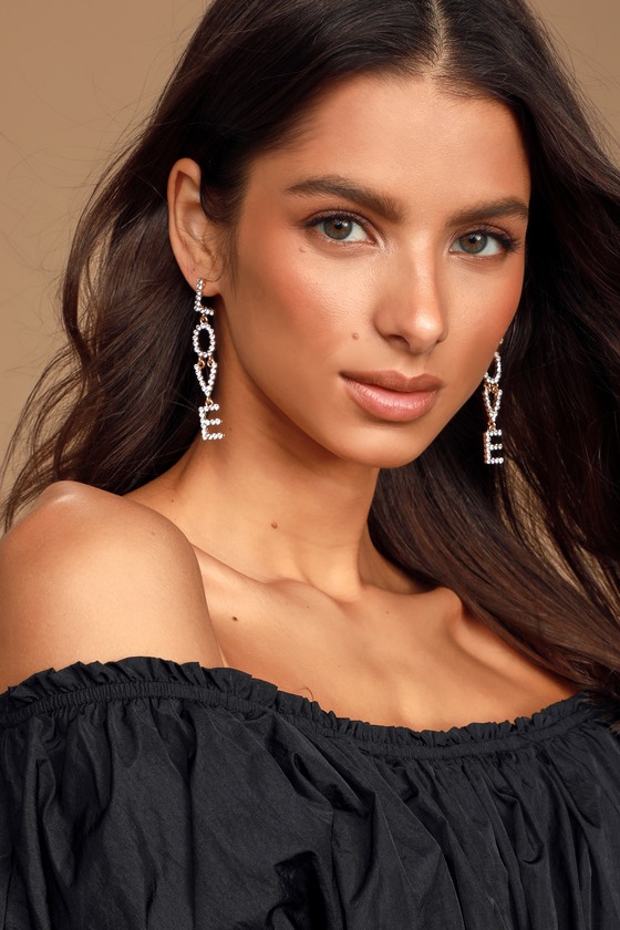 Gold Rhinestone Earrings Love Earrings Dangle Earrings Lulus