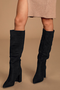 Katari Black Suede Pointed-Toe Knee High Boots 1