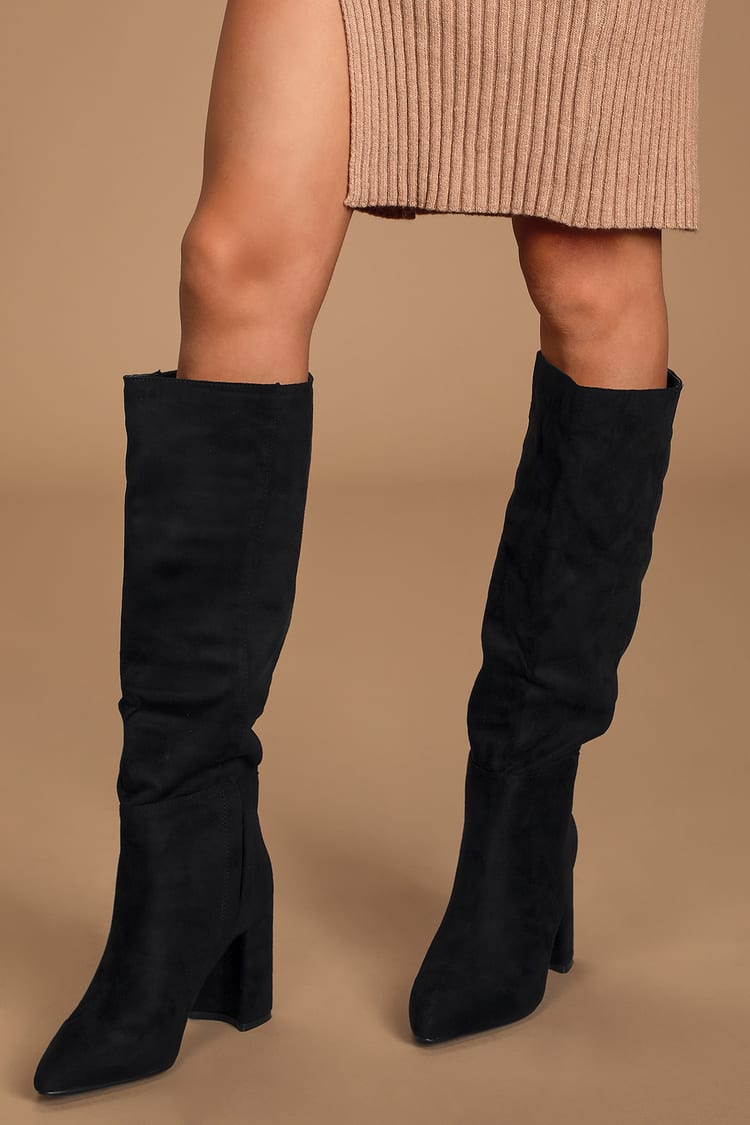 Lulus | Katari Black Suede Pointed-Toe Knee High High Heel Boots | Size 7 | Vegan Friendly