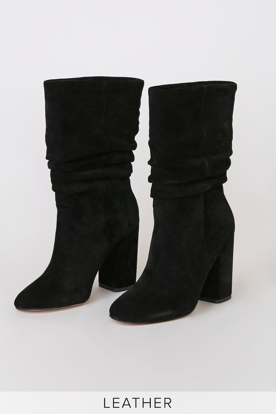 Phyllis Black Suede Leather Mid-Calf High Heel Boots