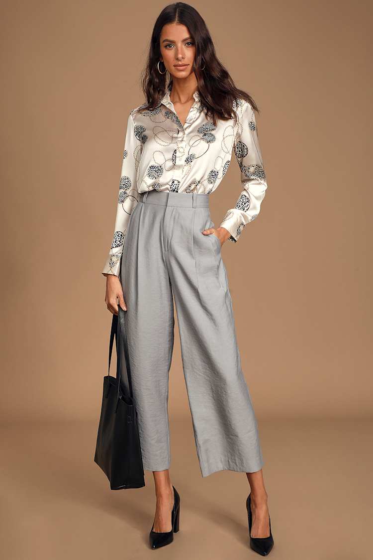 Business Woman Light Grey Wide-Leg Trouser Pants