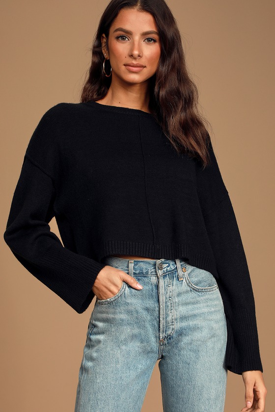 Cute Black Sweater Long Sleeve Knit Top Trendy Boxy Sweater Lulus