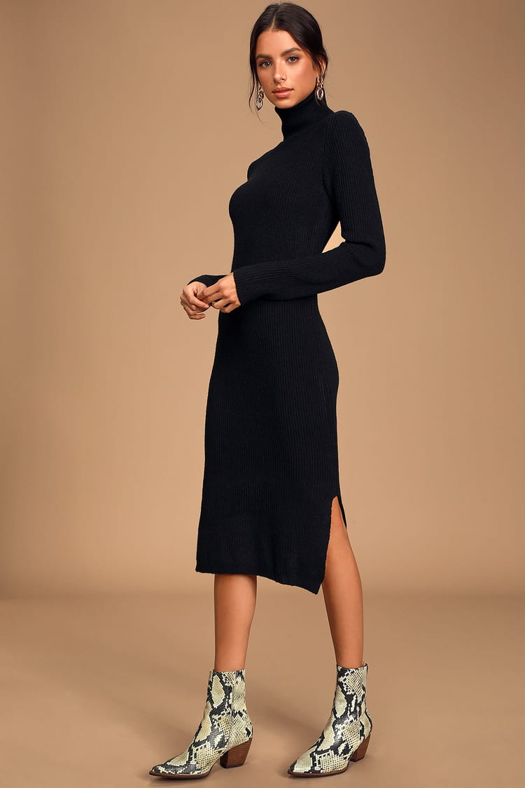 Sheerah Black Turtleneck Midi Sweater Dress