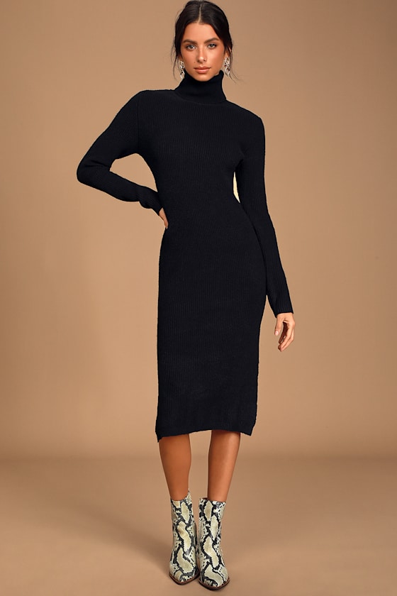 Sheerah Black Turtleneck Midi Sweater Dress 1