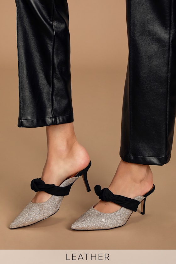 Benny Silver Glitter and Black Nubuck Leather Pointed-Toe Mules 1