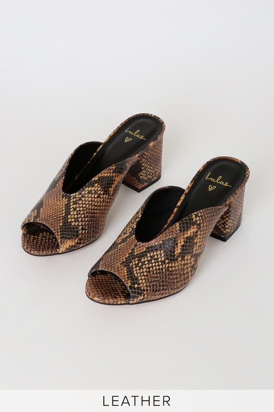 Tan Snake Print Mules - Genuine Leather Heels - Peep-Toe