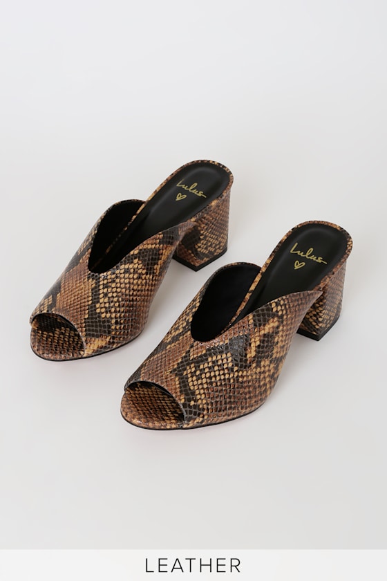 Bailee Tan Python Print Leather Peep-Toe Mules 2