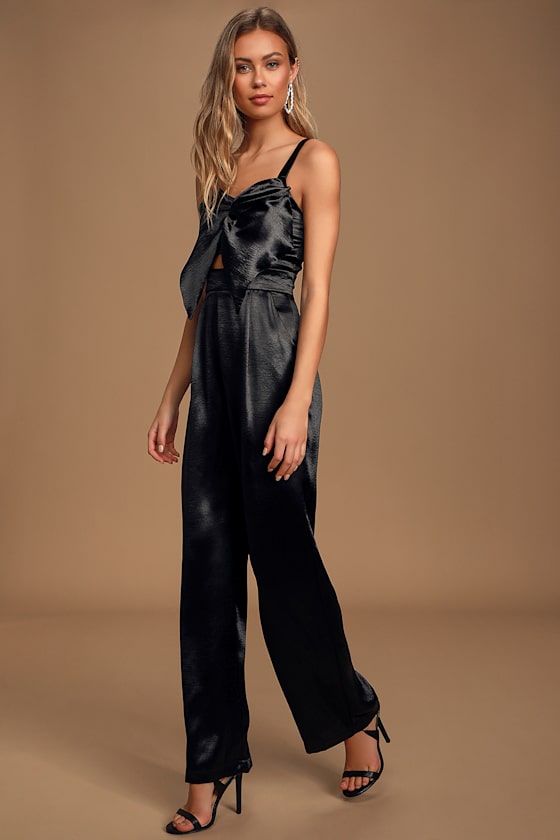 Date to Remember Black Satin Cutout Wide-Leg Jumpsuit 3