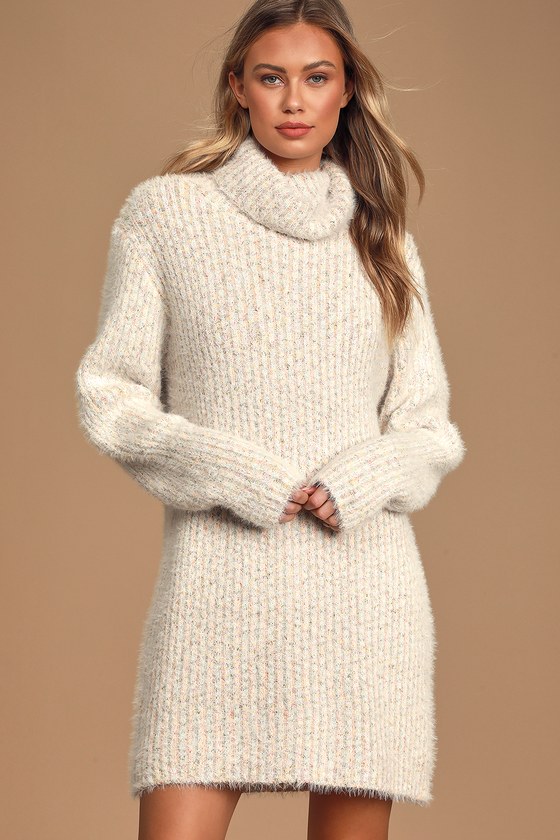 Eyelash Knit Sweater Dress - Turtleneck 