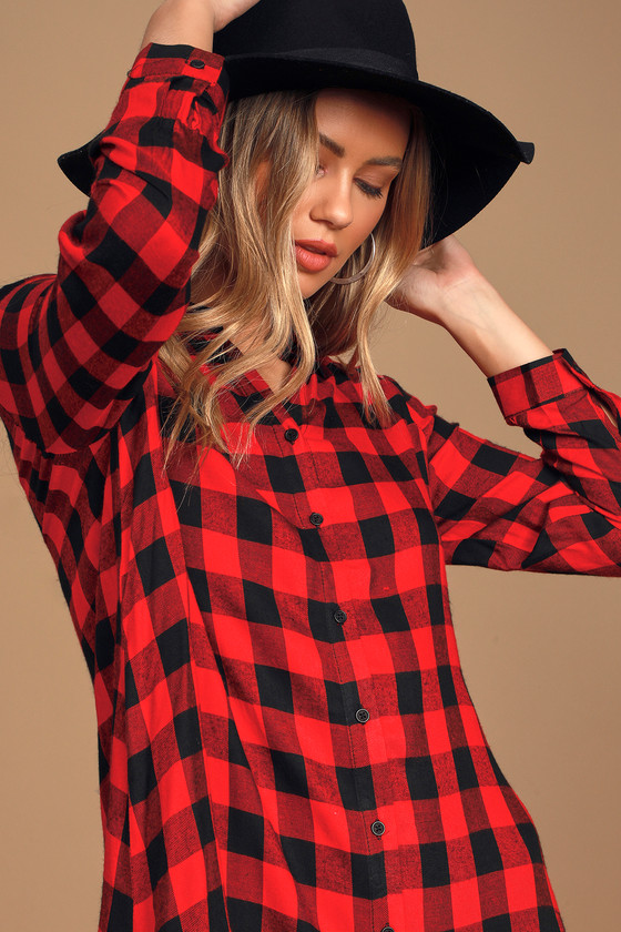 red plaid button up dress