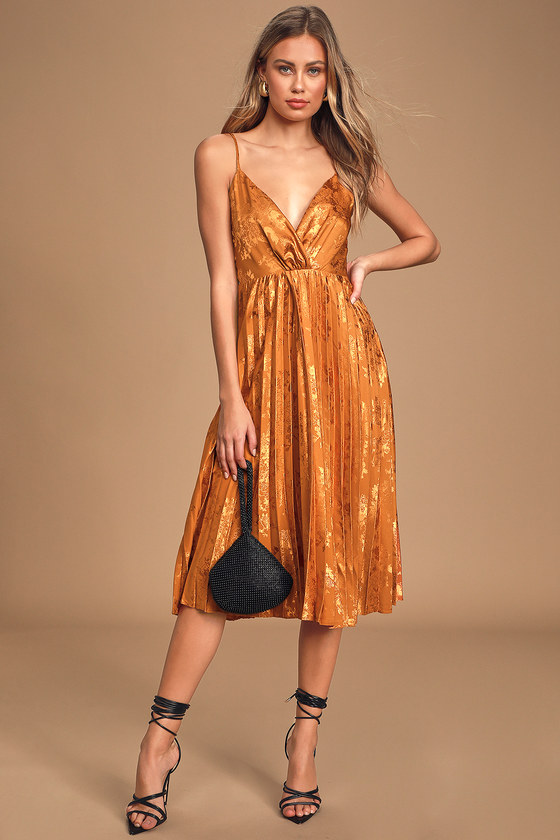 orange pleated midi dress
