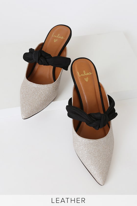 Benny Silver Glitter and Black Nubuck Leather Pointed-Toe Mules 1