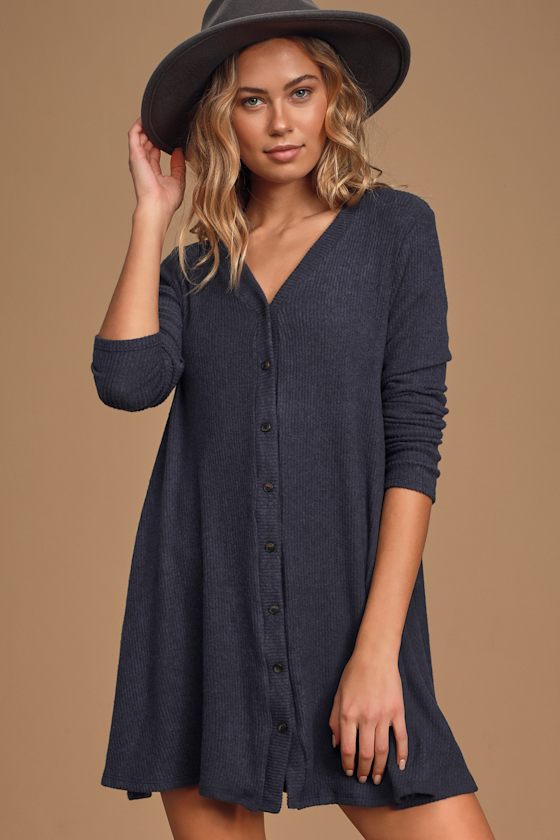 Sweet Comfort Heather Navy Blue Button-Front Sweater Dress 2