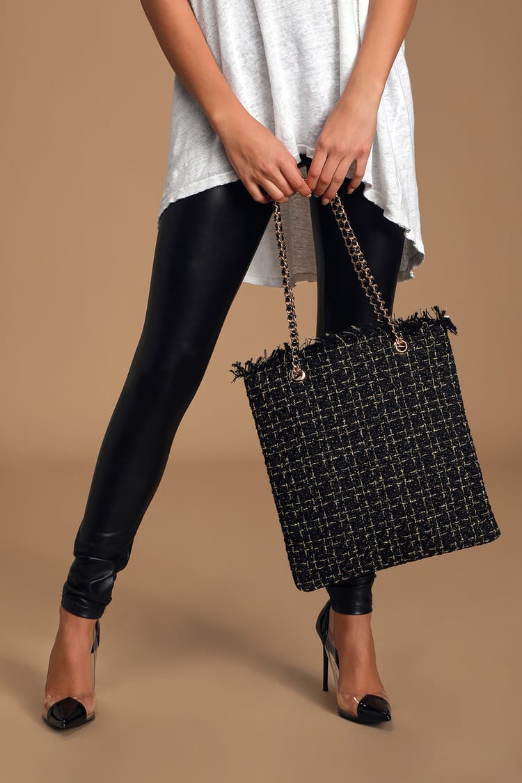 Black and Gold Tweed Bag - Glam Tote Bag - Gold Chain Strap Bag - Lulus