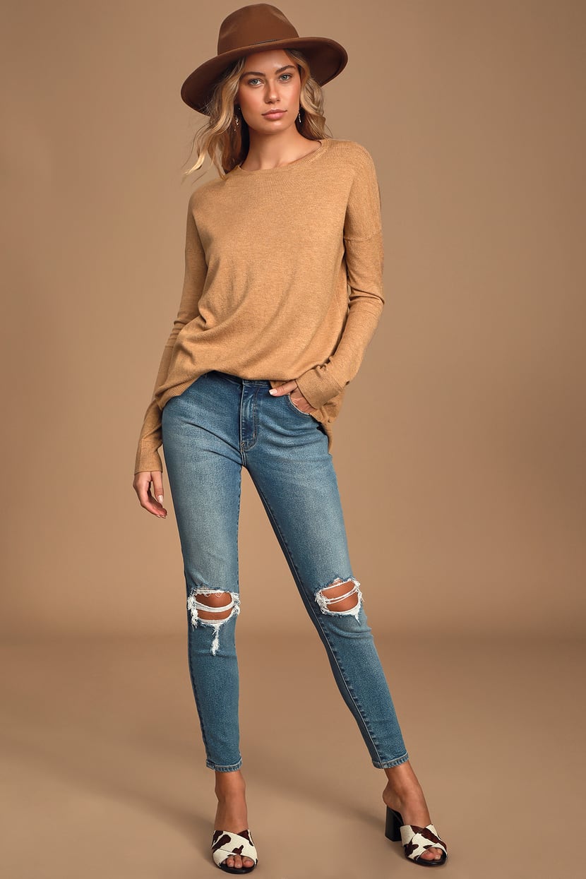 Chic Camel Sweater Long Sleeve Knit Top Soft Knit Sweater Lulus