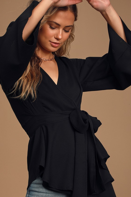 Chic Black Blouse - Wrapping Surplice Top - Bell Sleeve Top - Lulus