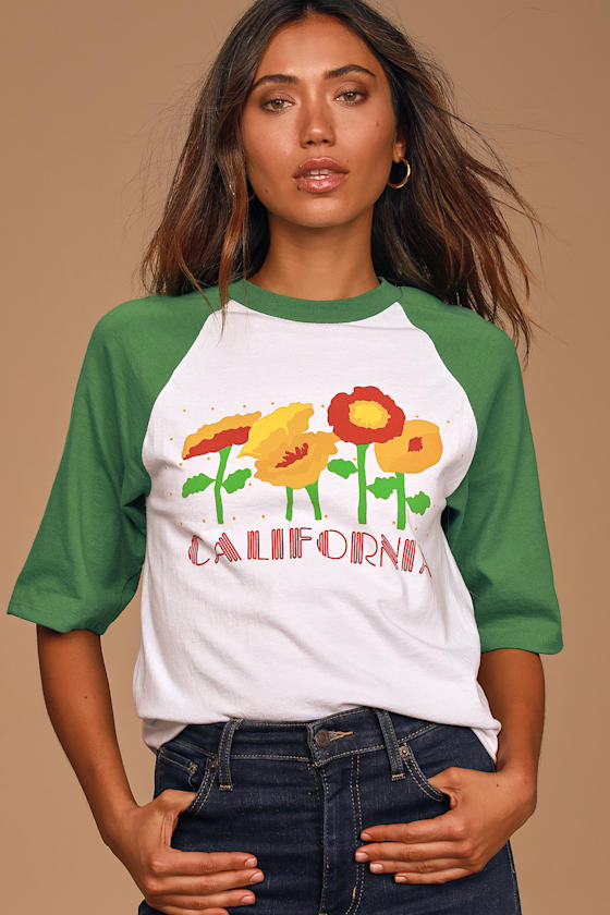 Neema California Poppy Tee Baseball Tee Green Graphic Tee Lulus