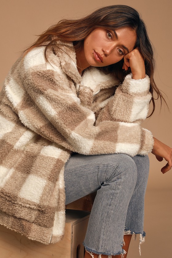 Beige Plaid Jacket - Oversized Teddy 