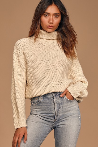 Feel It All Around Beige Knit Turtleneck Sweater