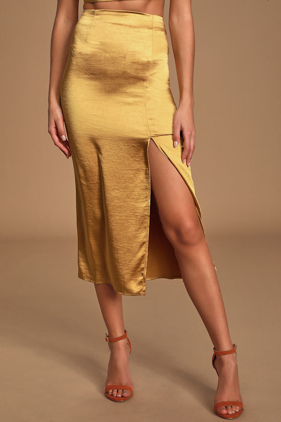 Watch Me Wow Gold Satin Midi Skirt 3