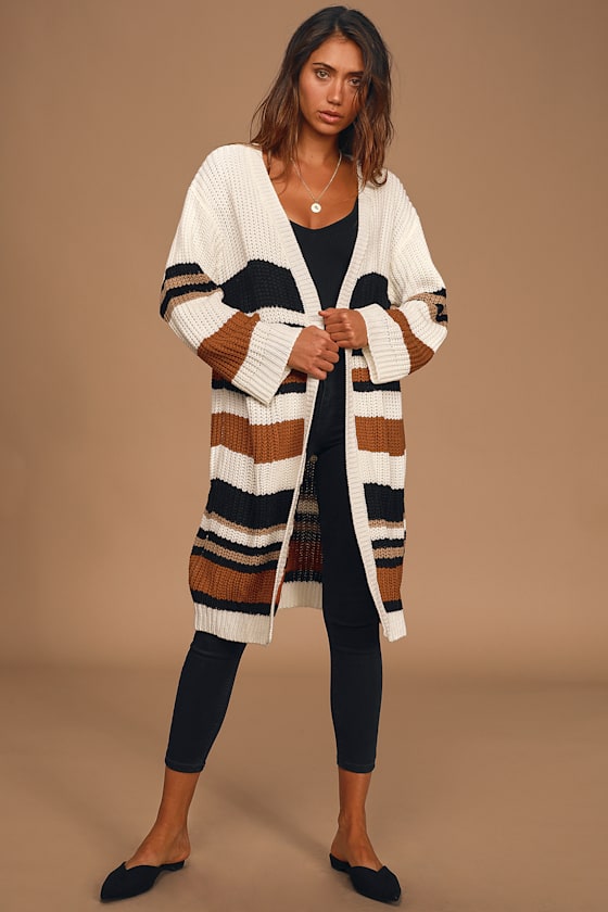Ivory Striped Cardigan Knit Cardigan Sweater Long Cardigan Lulus