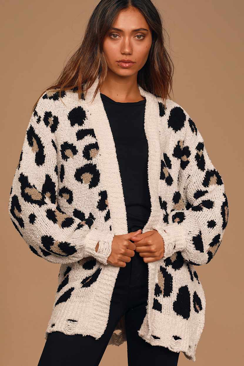 Soft Cream Leopard Print Cardigan Distressed Chenille Cardigan