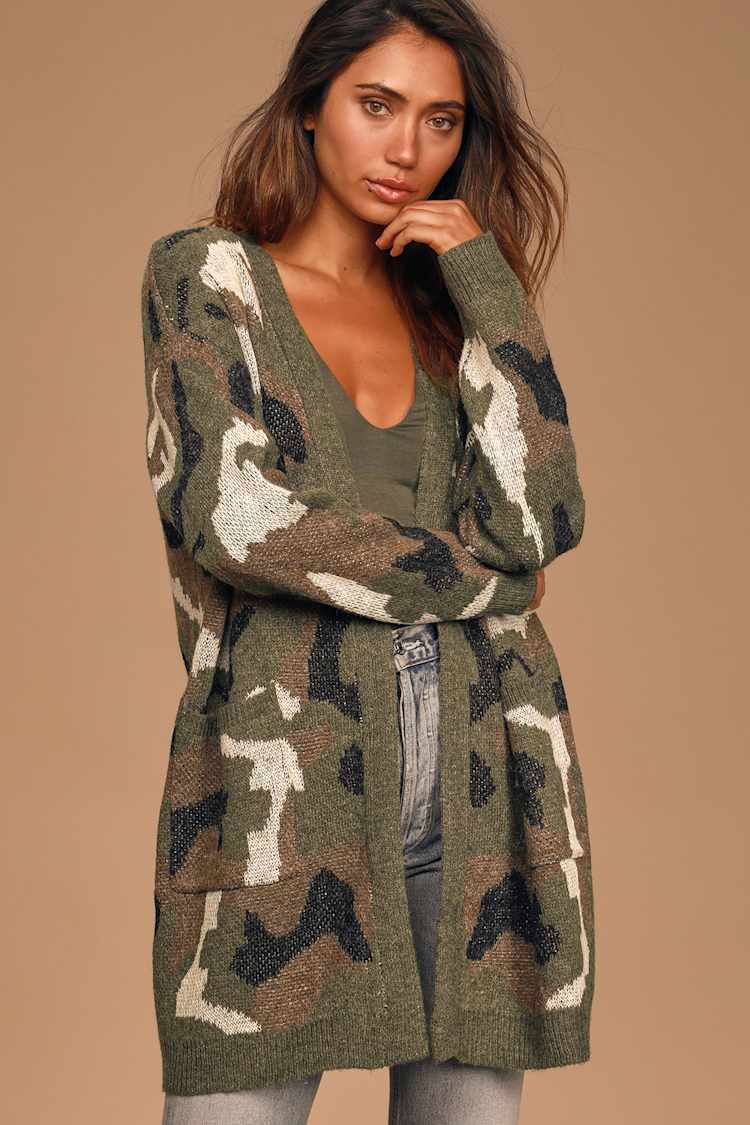 Cute Green Camo Cardigan - Cozy Knit Cardigan - Slouchy Cardigan - Lulus