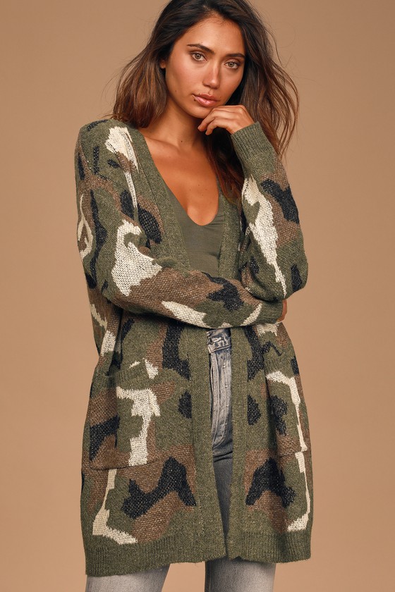 Element of Surprise Green Camo Print Knit Cardigan